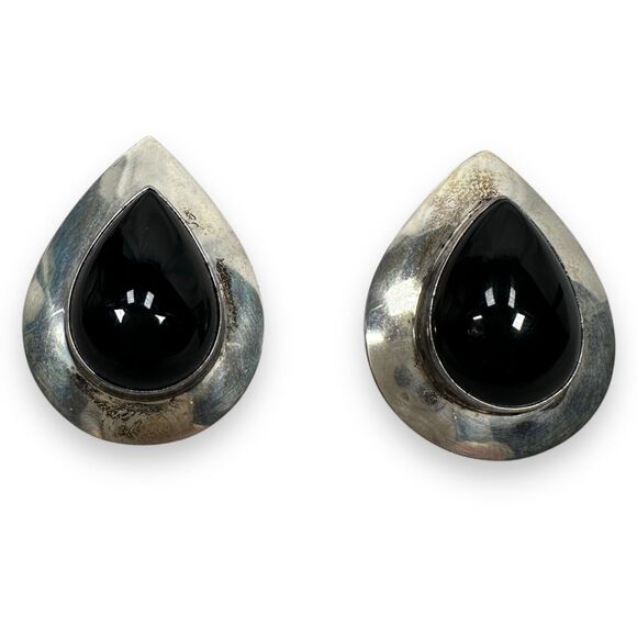 Vintage Sterling Silver Women's Teardrop Earrings Faux Black Onyx SJC HOB 925 - Picture 1 of 5